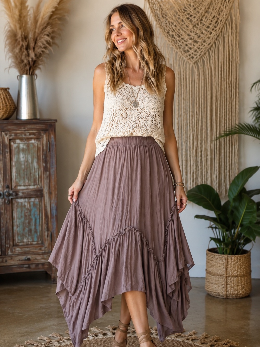 Three Bird Nest Asymmetrical Handkerchief Hem Skirt in Mauve